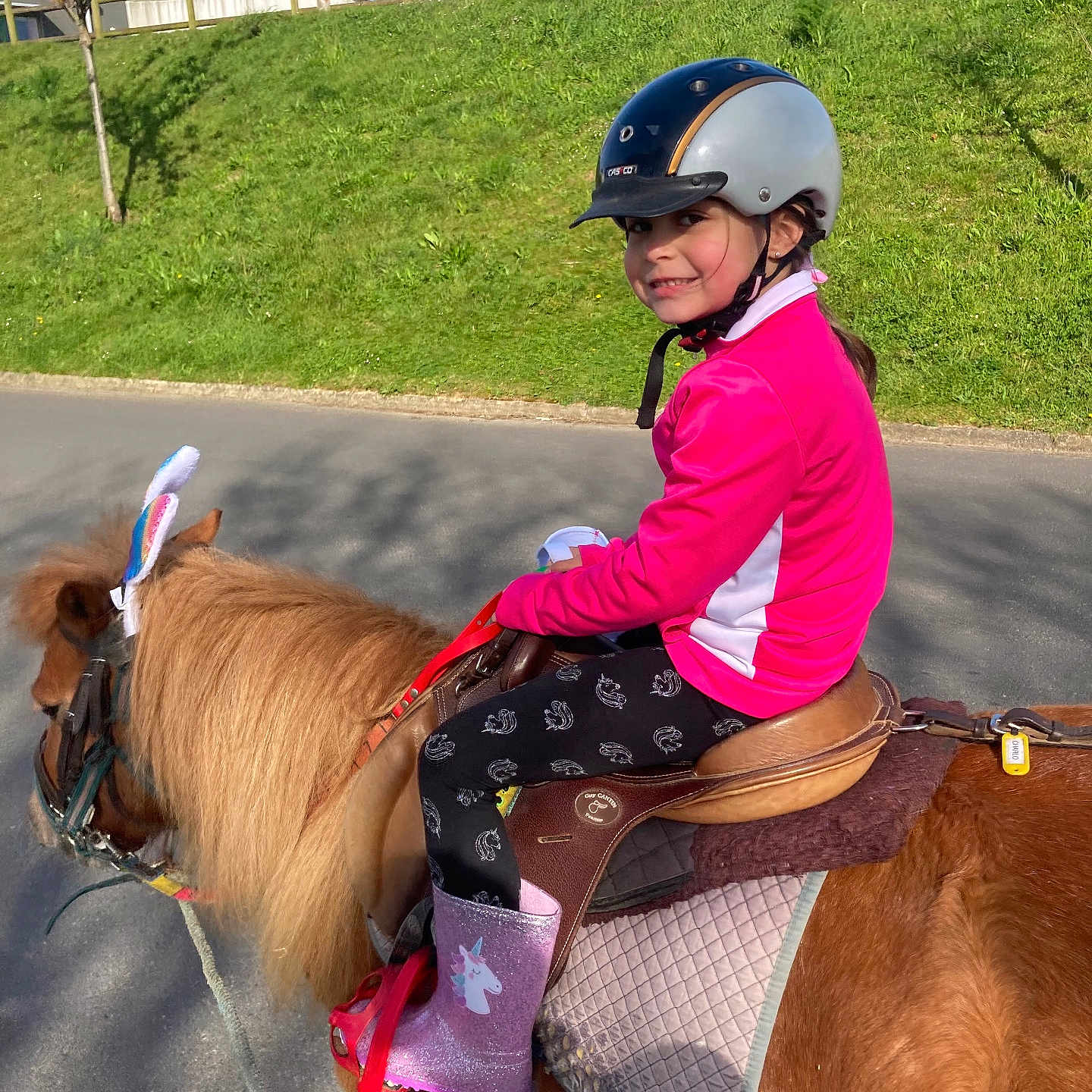 Oriana a rejoint le concours — aidez-le/la à gagner de superbes lots ! child, pony, horse, helmet, pink_jacket, unicorn_boots, bunny_ears, outdoor, grass, road, fence, tree, sunny, smiling, riding, animal, pet, nature, happy, person