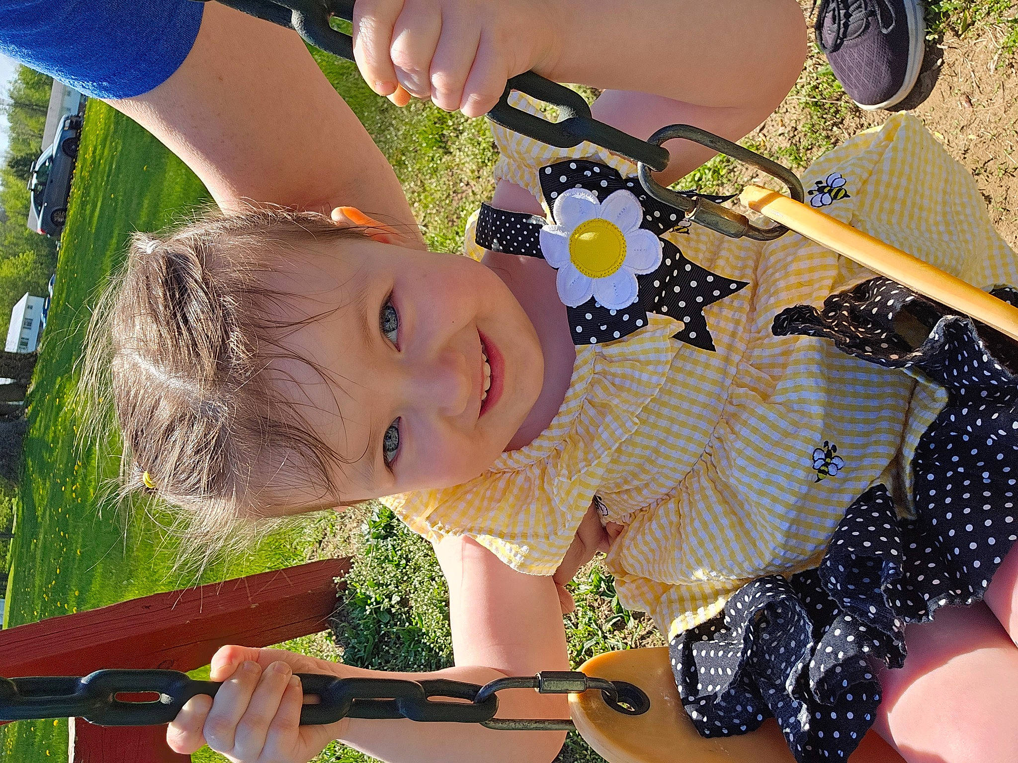 Lilly is registered to the contest to win money with this photo: child, fashion_accessory, fun, grass, happy, joy, landscape, leaf, leisure, light, pattern, people_in_nature, person, play, polka_dot, recreation, smile, summer, toddler, tree