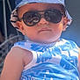 toddler, child, sunglasses, hat, blue, tank_top, summer, outdoor, sunlight, fashion, portrait, cute, confident, casual_clothing, baby, person, young_child, headwear, sitting, sunny