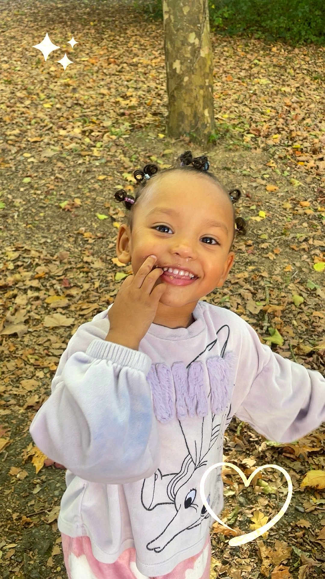 Soukaina participe au concours pour gagner de l'argent avec cette photo : autumn_leaves, bantu_knots, cartoon_print, child, cute, ground, hair_beads, hand_to_mouth, happy, heart_sticker, nature, outdoor, park, playful, portrait, smiling, sparkles_sticker, sweatshirt, teeth, tree