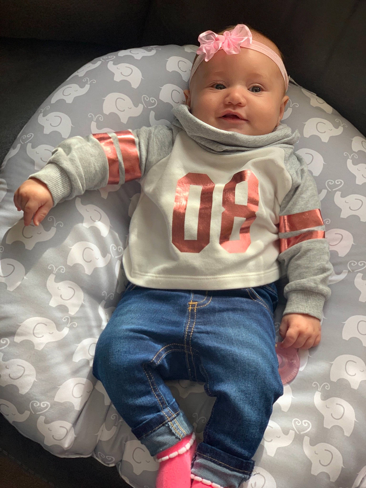 Ariyana joined the competition — help win amazing prizes! baby, cheek, child, cool, fun, jeans, person, pink, sitting, skin, sleeve, toddler