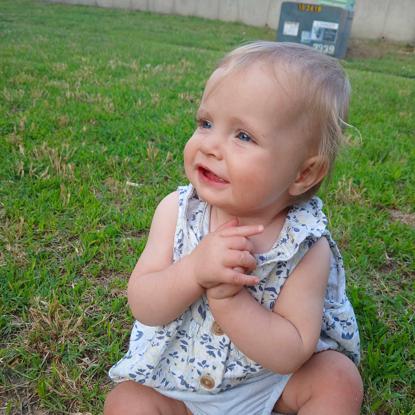 Celebrity is registered to the contest to win money with this photo: baby, blond_hair, blue_eyes, casual_clothing, child, cute, daylight, expression, grass, greenery, hands, happy, infant, nature, outdoor, portrait, sitting, smiling, summer, young_child