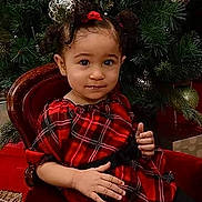Myasiya is registered to the contest to win money with this photo: child, toddler, portrait, sitting, smiling, thumbs_up, red_dress, plaid, christmas, christmas_tree, holiday, chair, indoors, ornaments, festive, curly_hair, hair_bows, family_photo, studio_photography, wooden_furniture
