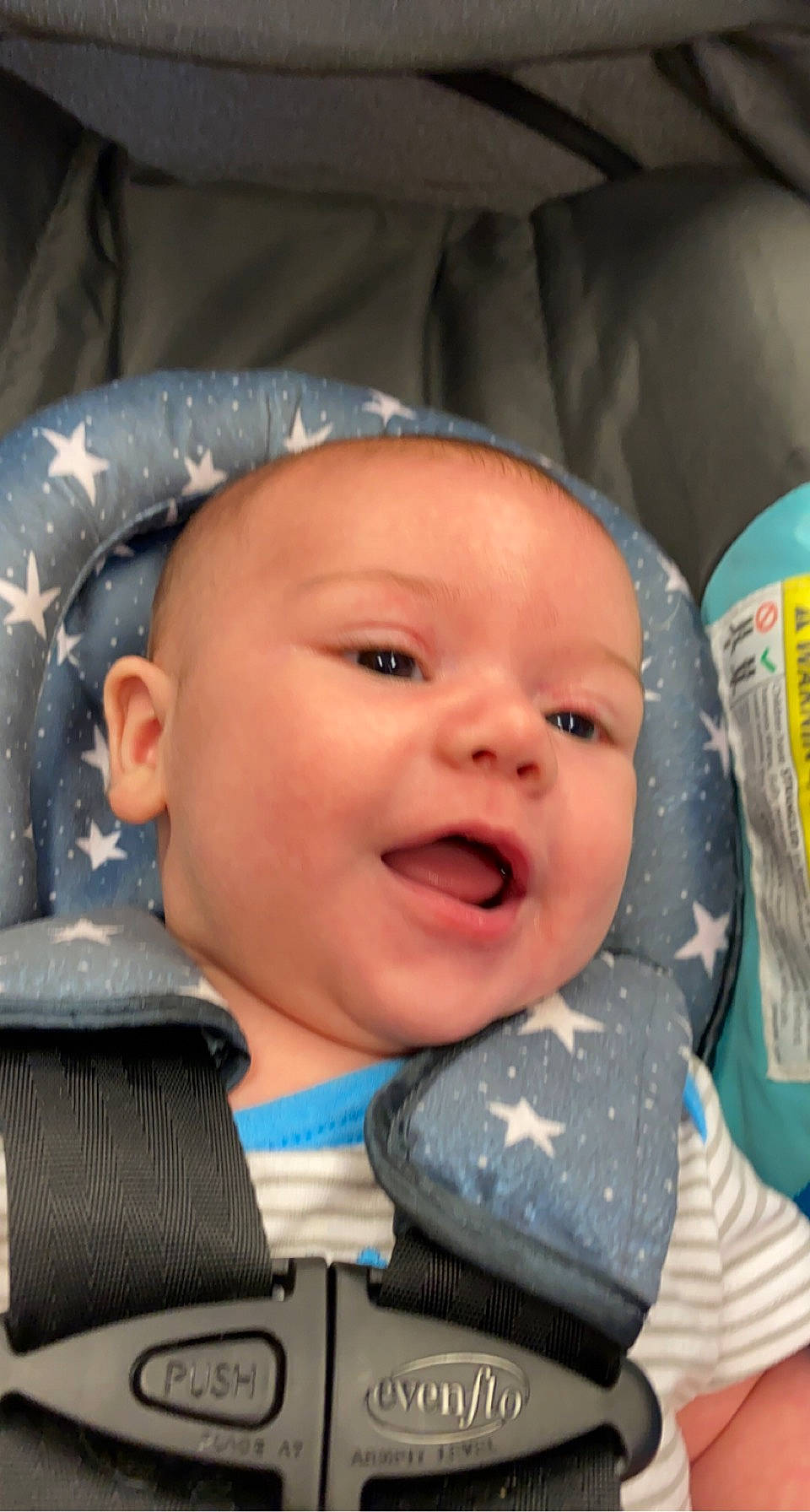 William is registered to the contest to win money with this photo: baby, baby_in_car_seat, baby_products, baby_toddler_clothing, car_seat, cheek, child, chin, comfort, electric_blue, eye, facial_expression, fun, happy, hat, mouth, nose, person, skin, smile