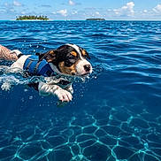 Strawberry joined the competition — help win amazing prizes! puppy, dog, swimming, ocean, water, life_jacket, blue, tropical, island, clouds, sunny, outdoors, pet, animal, paddling, splashes, waves, underwater, vacation, adventure