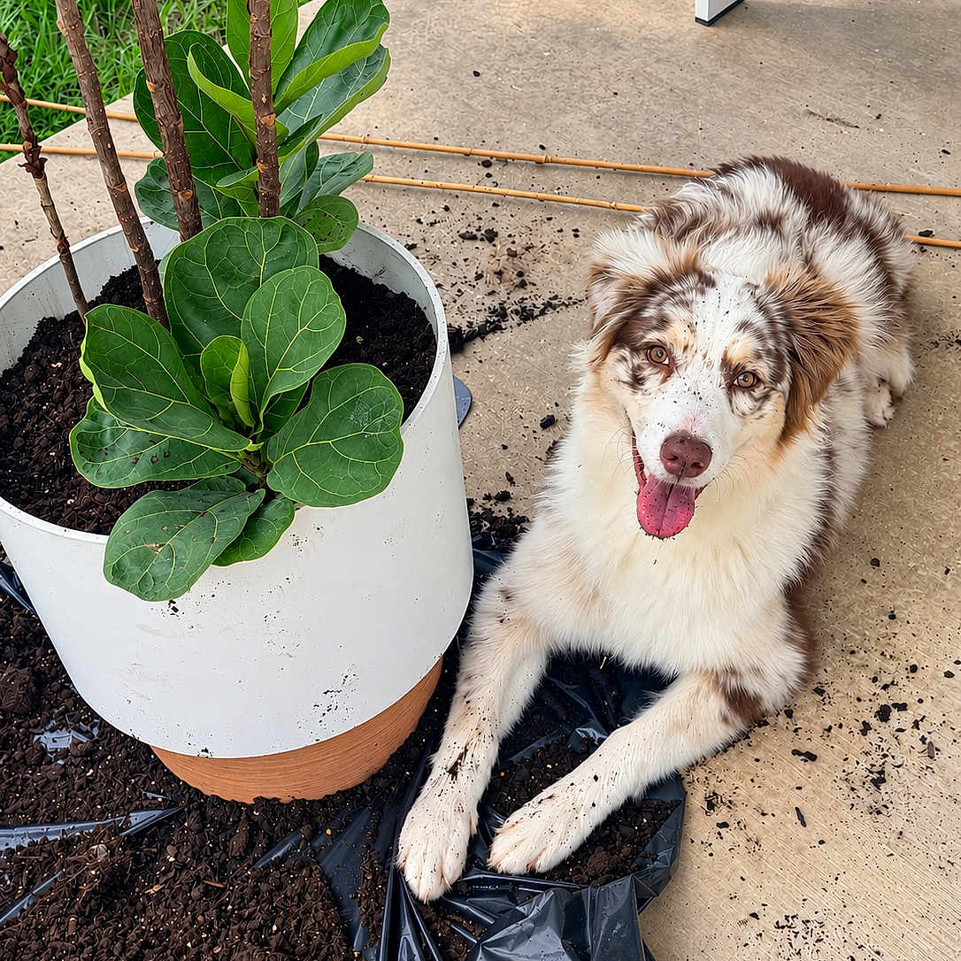 Lilly Bell joined the competition — help win amazing prizes! dog, puppy, pet, fluffy, brown_and_white, freckles, sitting, lying_down, open_mouth, tongue, outdoor, patio, potted_plant, planter, soil, gardening, concrete, greenery, portrait, happy
