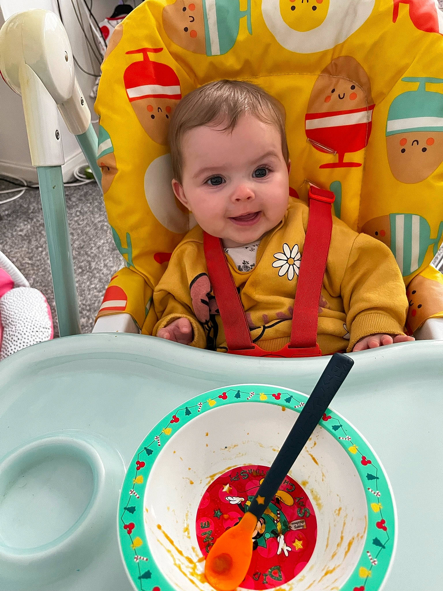 Delilah joined the competition — help win amazing prizes! baby, chair, child, cuisine, dishware, event, food, fun, green, happy, person, plate, platter, play, recreation, serveware, smile, sweetness, tableware, toddler