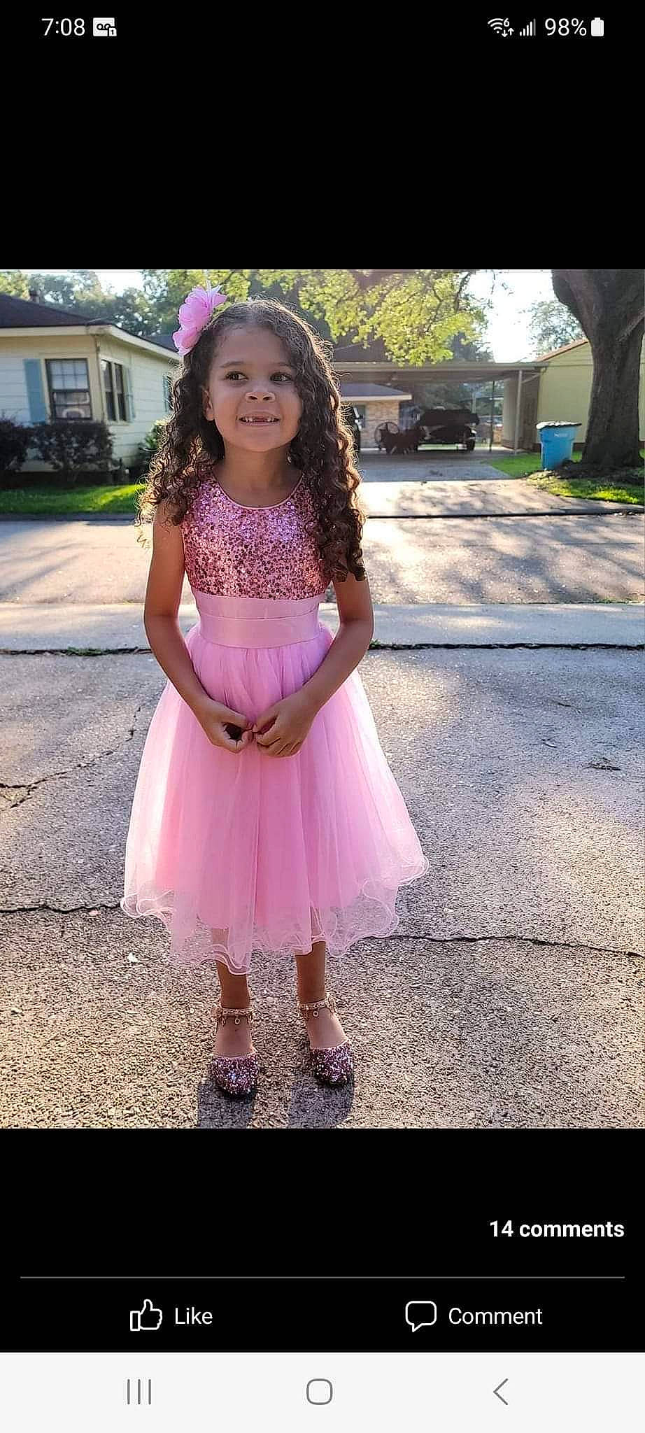 Alyza joined the competition — help win amazing prizes! baby_toddler_clothing, day_dress, dress, electric_blue, face, formal_wear, grass, hair, happy, head, joy, magenta, person, pink, plant, purple, recreation, smile, toddler, tree