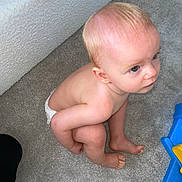 Annabel is registered to the contest to win money with this photo: toddler, child, diaper, carpet, floor, crouching, blue_eyes, toy, plastic_toy, curious, indoor, home, person, furniture, couch, blond_hair, skin, barefoot, playing, baby