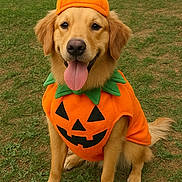 Oaklie Mae is registered to the contest to win money with this photo: dog, golden_retriever, pumpkin_costume, orange, green_grass, outdoor, pet, animal, cute, smiling, happy, tongue_out, costume, fall, halloween, festive, sitting, canine, fur, playful