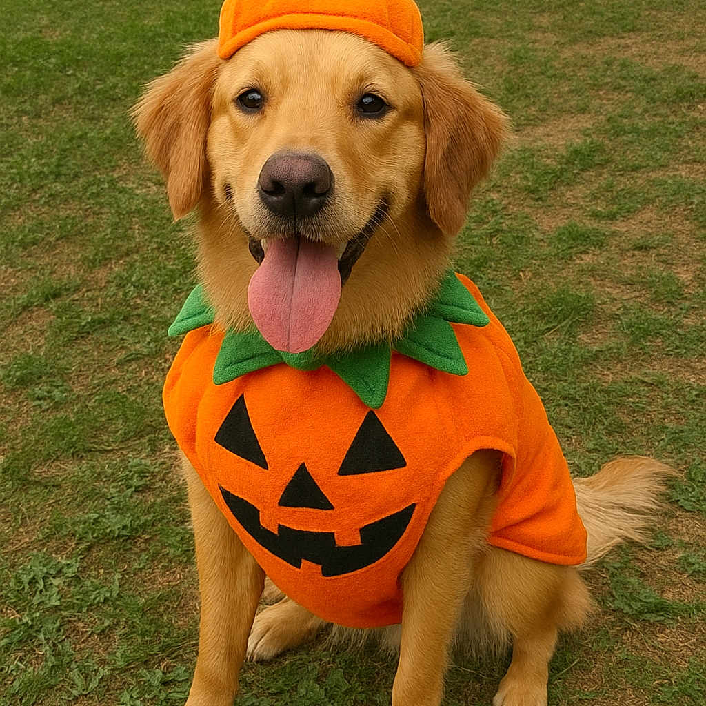 Oaklie Mae is registered to the contest to win money with this photo: animal, canine, costume, cute, dog, fall, festive, fur, golden_retriever, green_grass, halloween, happy, orange, outdoor, pet, playful, pumpkin_costume, sitting, smiling, tongue_out
