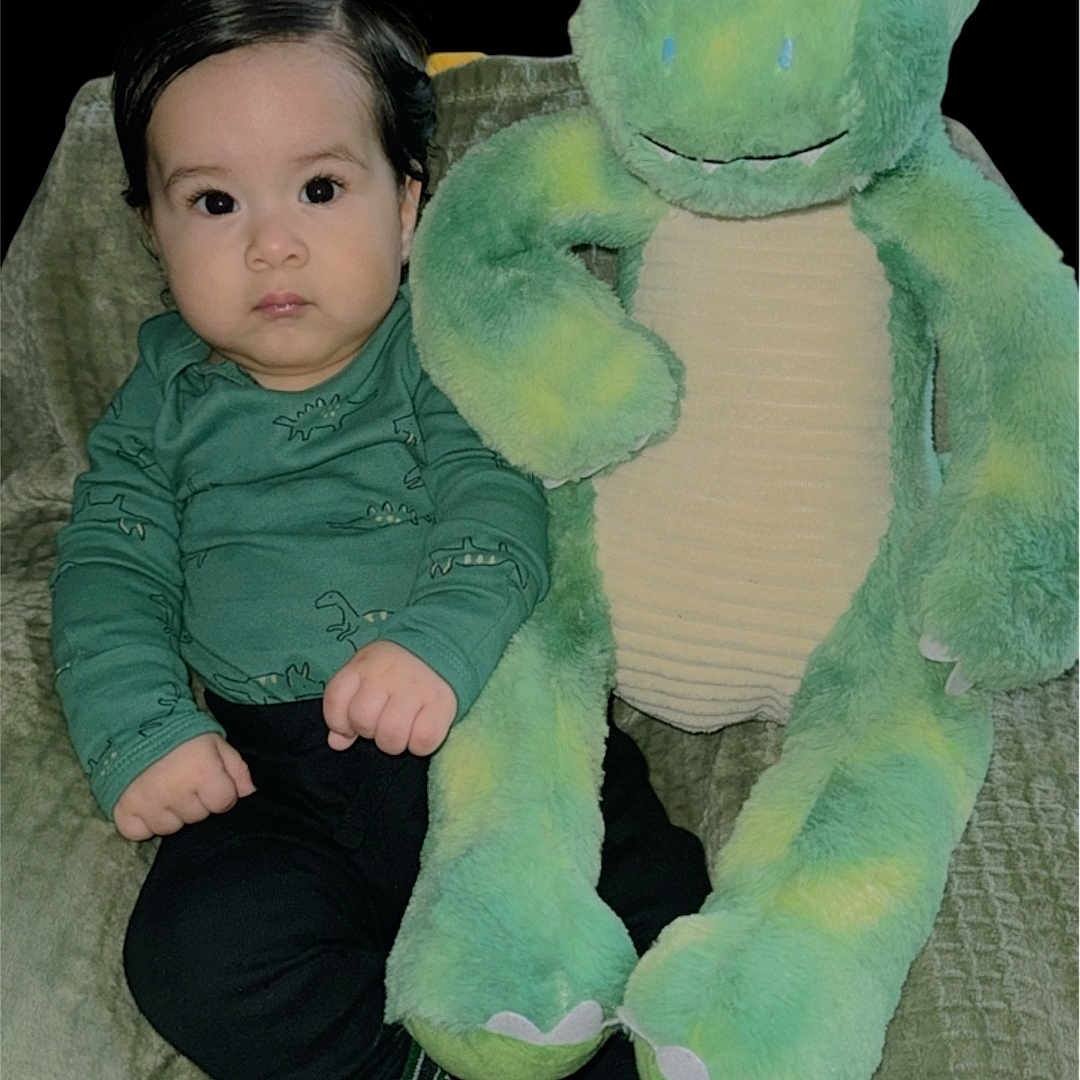 Thiago joined the competition — help win amazing prizes! baby, black_pants, blanket, child, clothing, cozy, cute, dinosaur, expression, face, green, hands, indoor, plush_toy, portrait, seated, socks, soft, toy, young
