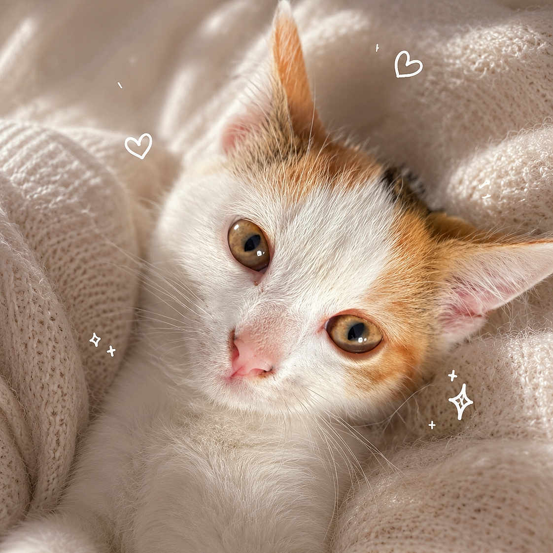 Yümi participe au concours pour gagner de l'argent avec cette photo : cat, kitten, orange_and_white, pet, animal, feline, close_up, portrait, wide_eyes, blue_eyes, pink_nose, whiskers, fur, lying_down, cozy, blanket, knit, indoors, soft_lighting, cute