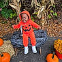 asphalt, autumn_leaves, bench, child, fall, festive, flowers, halloween, happy, hay, holiday, nature, orange_clothing, outdoor, plants, pumpkin_outfit, pumpkins, smiling, spiderweb_pattern, toddler