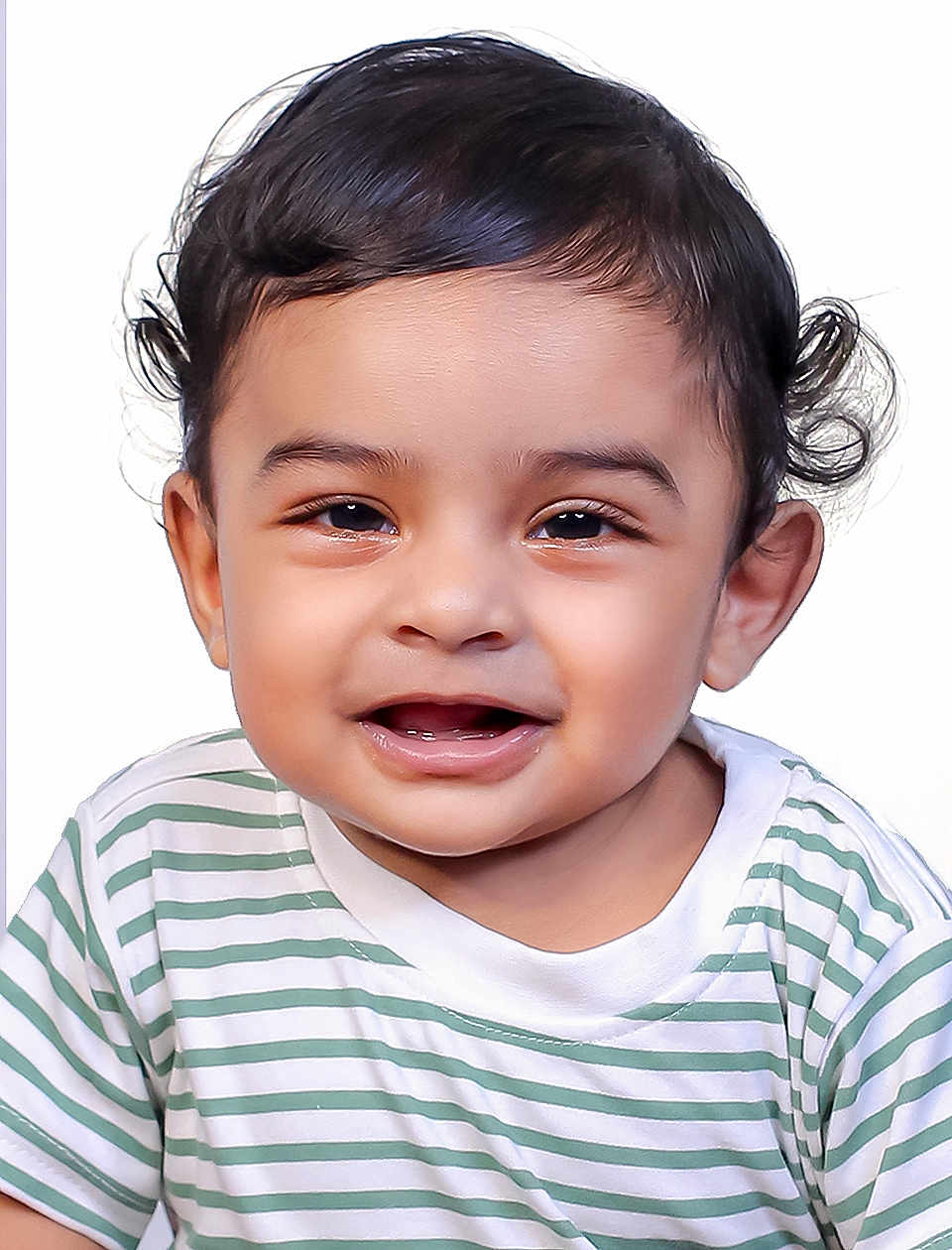 Zian is registered to the contest to win money with this photo: toddler, child, smiling, face, portrait, curly_hair, striped_shirt, happy, baby, person, cute, innocent, young_child, headshot, studio_photo, bright, expression, skin, eyes, mouth