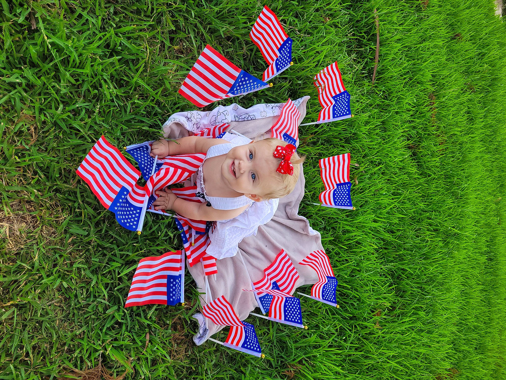 June is registered to the contest to win money with this photo: carmine, electric_blue, event, flag, flag_day_usa, flag_of_the_united_states, gesture, grass, grass_family, grassland, happy, hat, holiday, joy, lawn, memorial_day, pattern, people_in_nature, person, plant