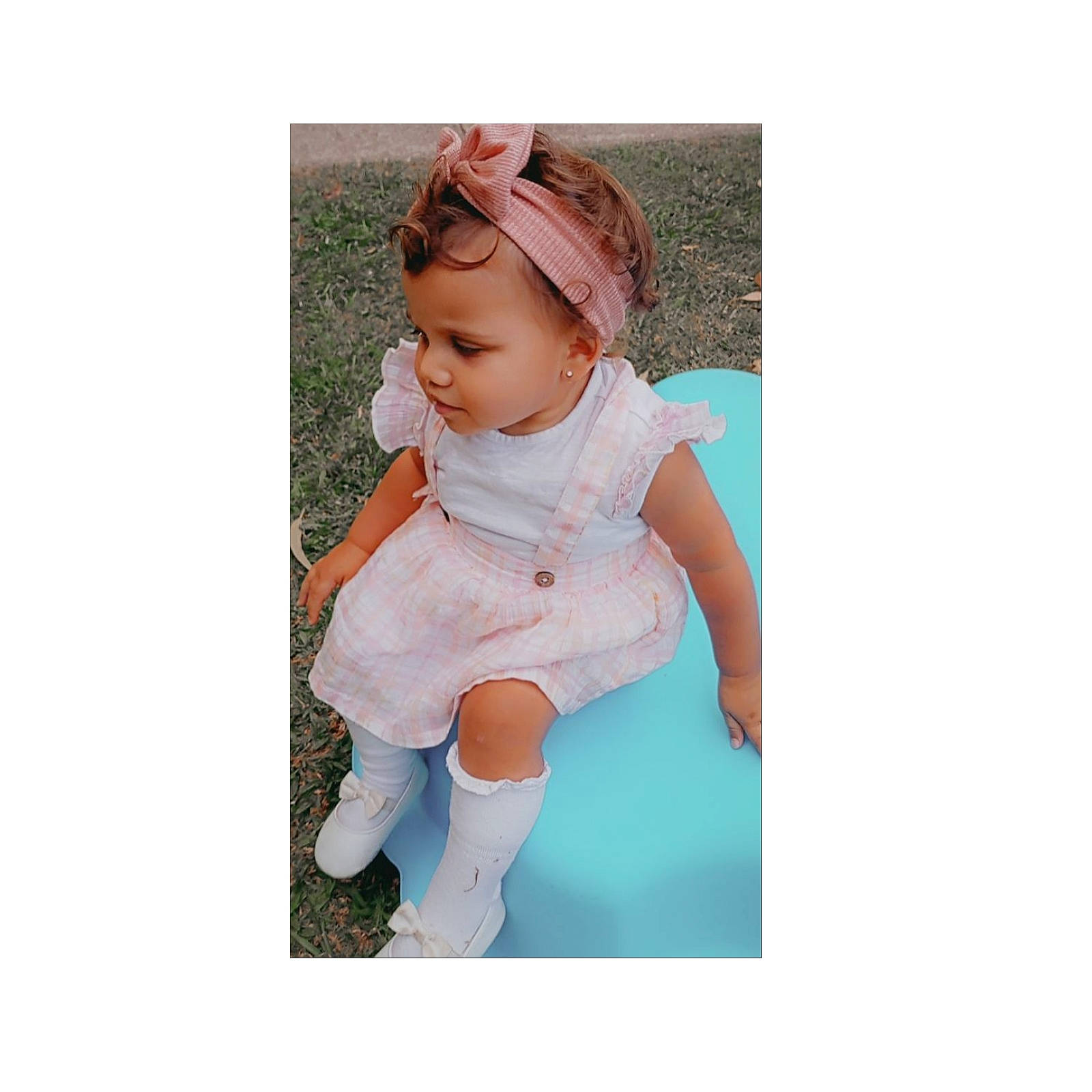 Shauntahlee joined the competition — help win amazing prizes! aqua, baby, baby_toddler_clothing, child, dress, electric_blue, fashion_accessory, gesture, happy, headwear, human_body, human_leg, knee, linens, magenta, pattern, peach, person, sleeve, thigh