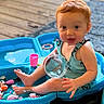 Isabelle joined the competition — help win amazing prizes! toddler, child, water_play_table, toys, plastic_container, red_hair, blue_clothing, outdoor, deck, water, play, sitting, barefoot, summer, cute, expression, fun, daytime, skin, small