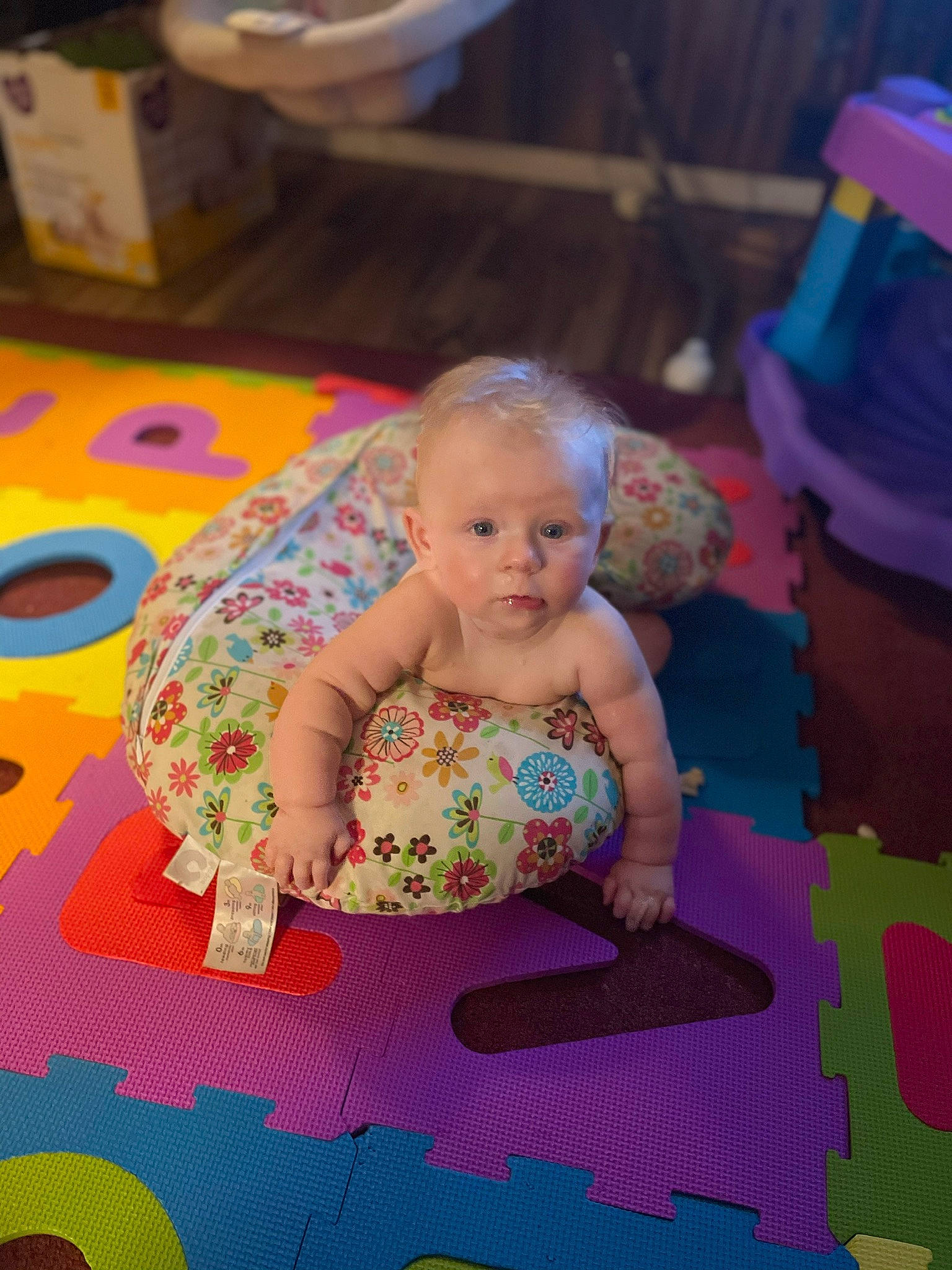 Issabell joined the competition — help win amazing prizes! art, baby, baby_products, baby_toddler_clothing, child, flooring, fun, hairstyle, happy, hat, leisure, magenta, person, pink, play, purple, recreation, sitting, summer, textile