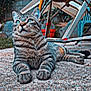 cat, tabby, outdoor, concrete, chair, garden, animal, pet, feline, relaxed, sitting, closeup, fur, whiskers, eyes, nature, daylight, backyard, resting, striped