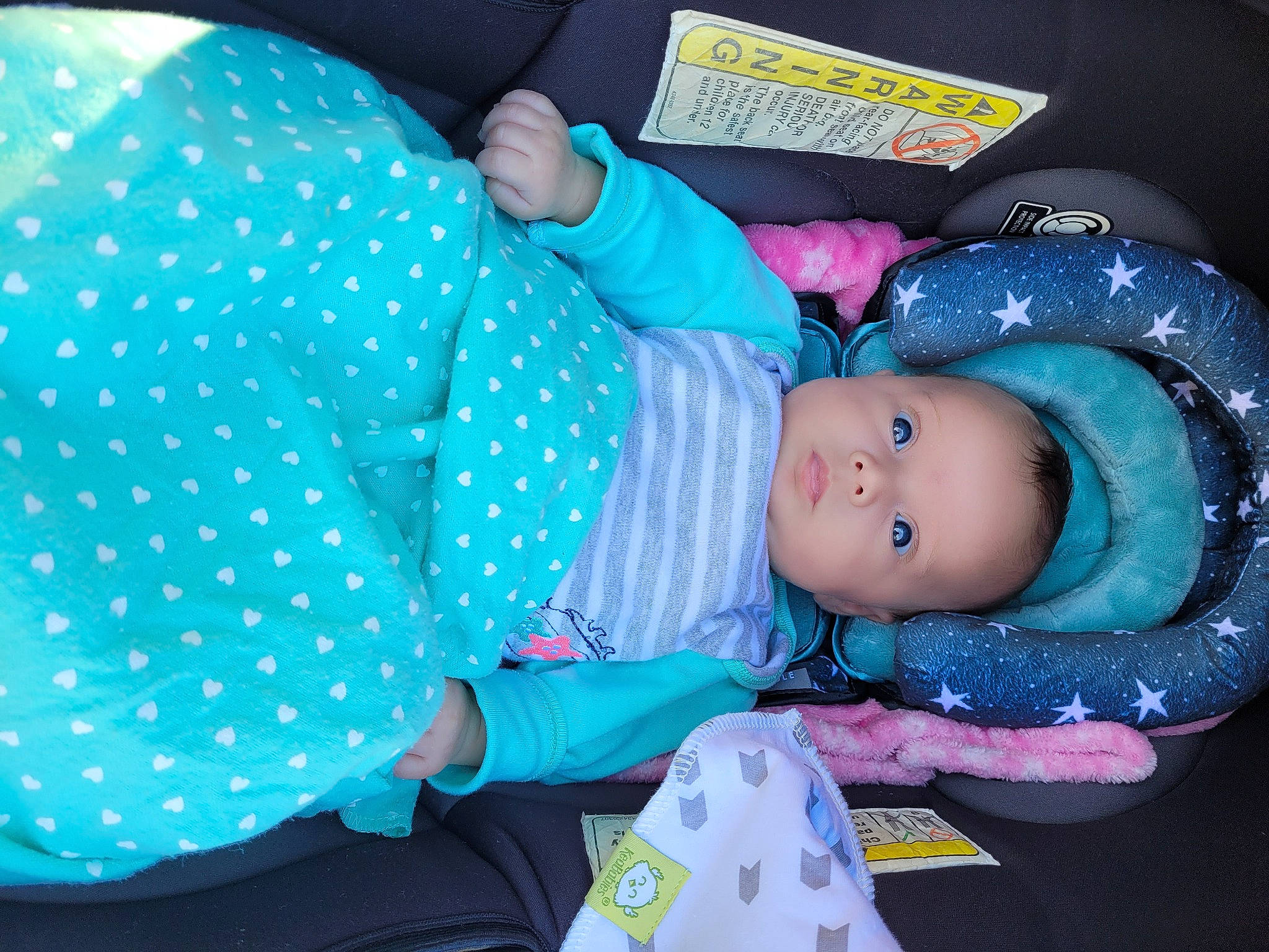 Chloe joined the competition — help win amazing prizes! azure, baby, baby_carriage, baby_products, baby_toddler_clothing, baby_toys, car_seat, cheek, child, comfort, electric_blue, pattern, person, plastic, product, sleeve, textile, toddler