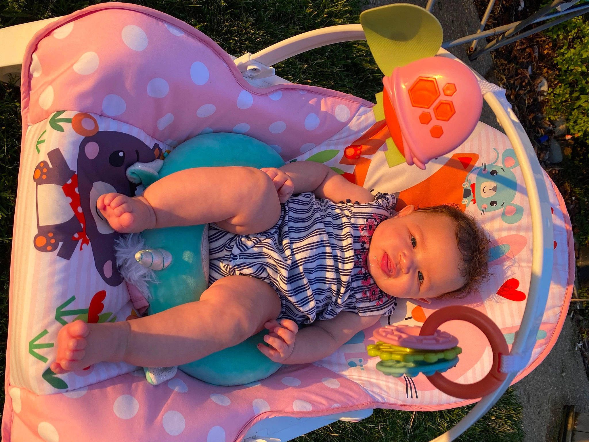 Kamryn joined the competition — help win amazing prizes! baby, baby_products, baby_toddler_clothing, baby_toys, child, comfort, fun, grass, happy, hat, lap, leisure, magenta, pattern, person, pink, play, recreation, sitting, toddler
