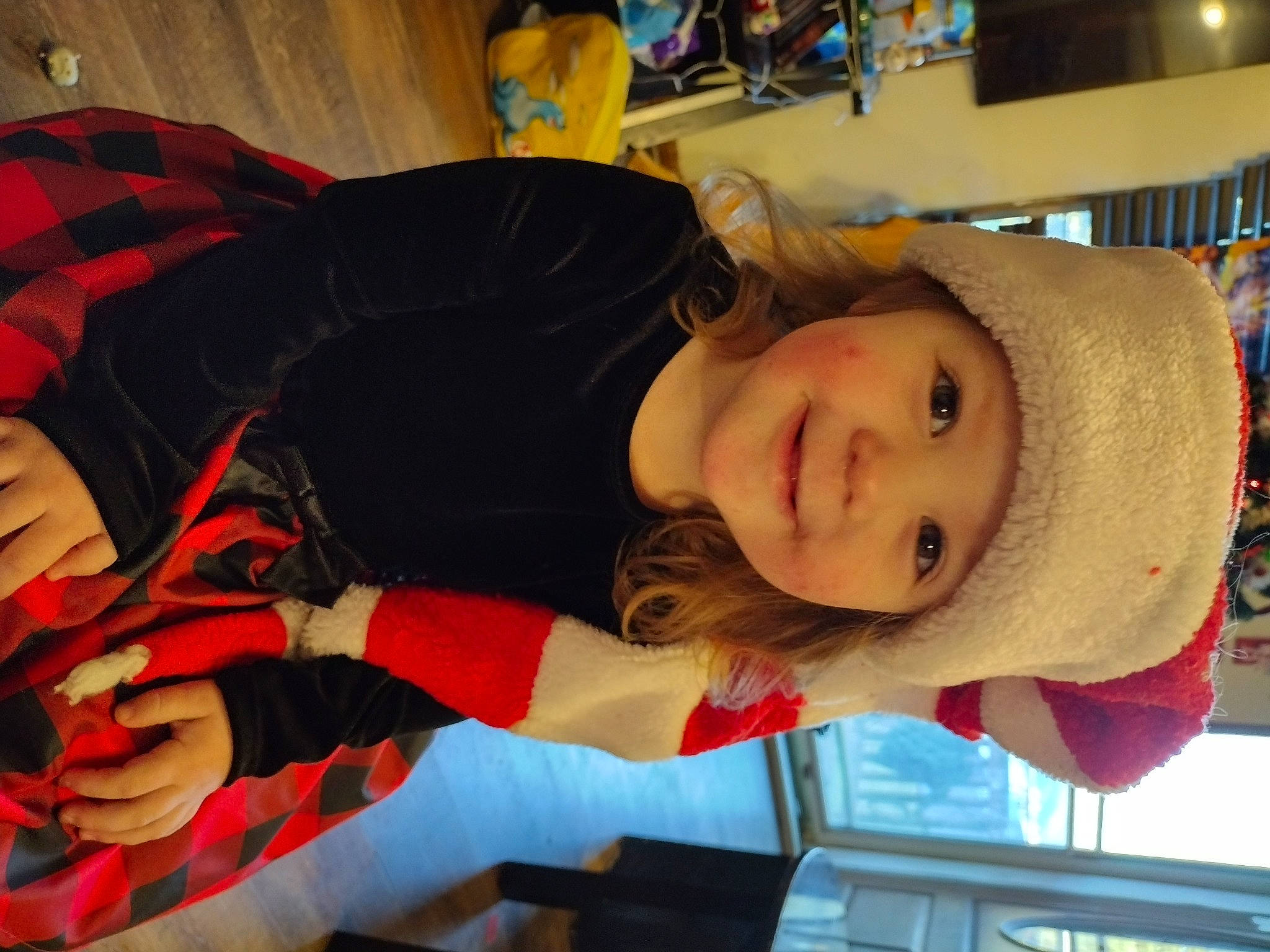 Evelynn is registered to the contest to win money with this photo: carmine, child, comfort, costume, event, fun, fur, happy, hat, headwear, joy, lap, leisure, mammal, person, room, smile, tree, vacation, vertebrate