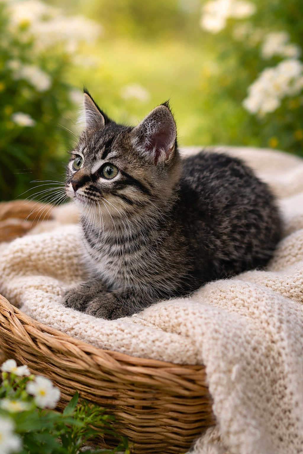 Eva a rejoint le concours — aidez-le/la à gagner de superbes lots ! kitten, cat, tabby, basket, blanket, knitted, flower, greenery, outdoor, nature, fur, whiskers, cute, pet, animal, soft, resting, eyes, young, cozy