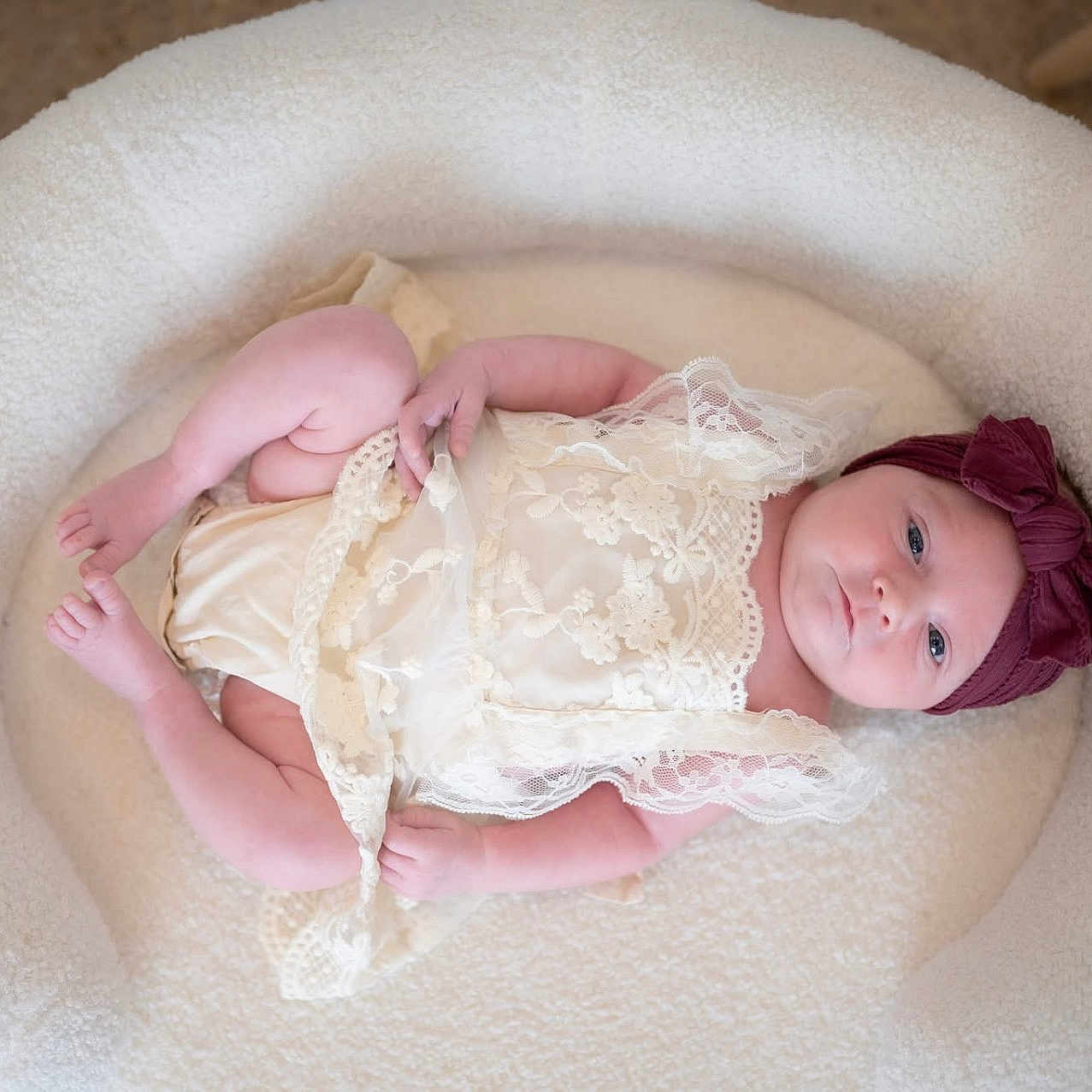 Lydia joined the competition — help win amazing prizes! baby, blanket, bow, child, comfortable, cozy, cute, fluffy, headband, indoor, infant, lace, lying_down, newborn, peaceful, person, portrait, sleepy, small, soft_fabric