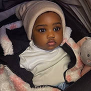 Aliyaah Khira participe au concours pour gagner de l'argent avec cette photo : baby, child, infant, beanie, jacket, plush_toy, stroller, white_shirt, cozy, cute, warm_clothing, fur_texture, portrait, wide_eyes, indoor, black_hair, soft_toy, person, young_child, expression