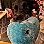 Roxanne is registered to the contest to win money with this photo: animal, black_dog, blurred_background, close_up, cozy, curious, decorations, dog, eyes, festive, focus, furniture, indoor, muzzle, nose, pet, playful, plush_toy, soft_texture, toy