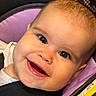 Roselynn is registered to the contest to win money with this photo: baby, infant, child, smiling, happy, portrait, face, eyes, open_mouth, indoor, seated, car_seat, purple, clothing, white_shirt, close_up, photography, head, cozy, joy