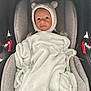baby, blanket, car_seat, child, cute, face, hood, infant, pacifier, plush, portrait, seat, soft, toddler, wearing, young_child, wrapped, cozy, indoors, expression