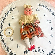 Kira is registered to the contest to win money with this photo: baby, bow, child, circular_blanket, cozy, cute, happy, headband, indoor, infant, milestone_blanket, months, numbers, person, plaid_skirt, portrait, red_shoes, smile, tights, wooden_ring