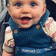 Samuel joined the competition — help win amazing prizes! baby, child, smiling, shopping_cart, denim_overalls, blue_eyes, button, striped_shirt, walmart, grocery_store, happy, cute, infant, retail, retail_store, person, seatbelt, safety, indoor, closeup