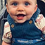 baby, child, smiling, shopping_cart, denim_overalls, blue_eyes, button, striped_shirt, walmart, grocery_store, happy, cute, infant, retail, retail_store, person, seatbelt, safety, indoor, closeup