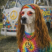 Hachy is registered to the contest to win money with this photo: beads, colorful, costume, dog, festival, flower_power, grass, hippie, nature, necklace, outdoor, peace_symbol, portrait, retro, summer, sunglasses, tie_dye_shirt, van, vintage, wig