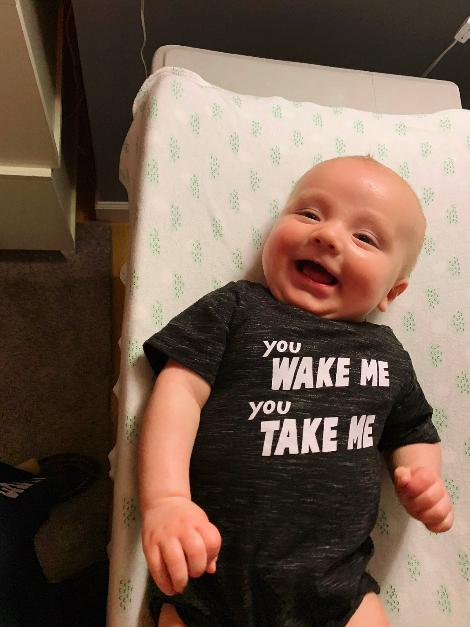 Jameson joined the competition — help win amazing prizes! baby, baby_products, baby_toddler_clothing, cheek, child, cool, facial_expression, happy, head, laugh, person, product, skin, sleeve, smile, t_shirt, toddler, top