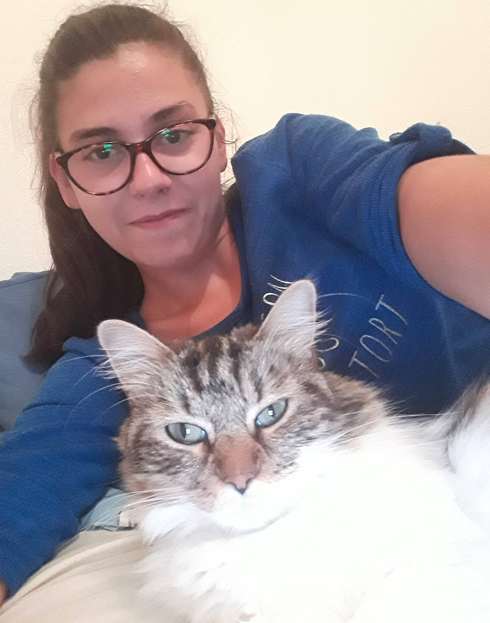 Fripouille participe au concours pour gagner de l'argent avec cette photo : blond, carnivore, cat, comfort, ear, eyewear, fawn, felidae, fur, gesture, glasses, iris, lap, long_hair, shoulder, small_to_medium_sized_cats, smile, textile, vision_care, whiskers