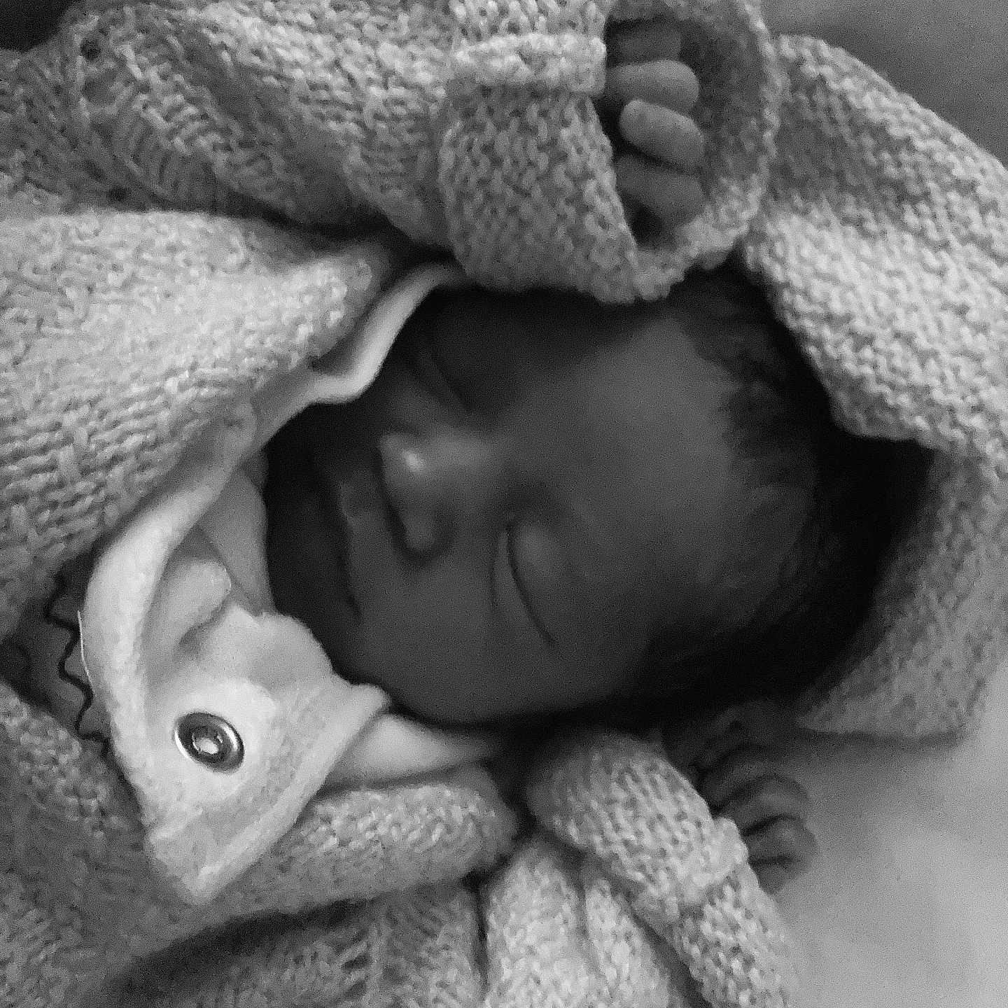 Mia participe au concours pour gagner de l'argent avec cette photo : baby, black_and_white, child, closeup, cozy, cute, face, hands, infant, knitted_sweater, newborn, peaceful, portrait, resting, sleeping, soft, texture, tiny, warm, wrapped