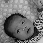 Mia participe au concours pour gagner de l'argent avec cette photo : baby, black_and_white, blanket, child, closeup, curious, cute, expression, face, hand, indoors, infant, lying_down, monochrome, newborn, patterned_clothing, polka_dot, portrait, soft_texture, wide_eyes