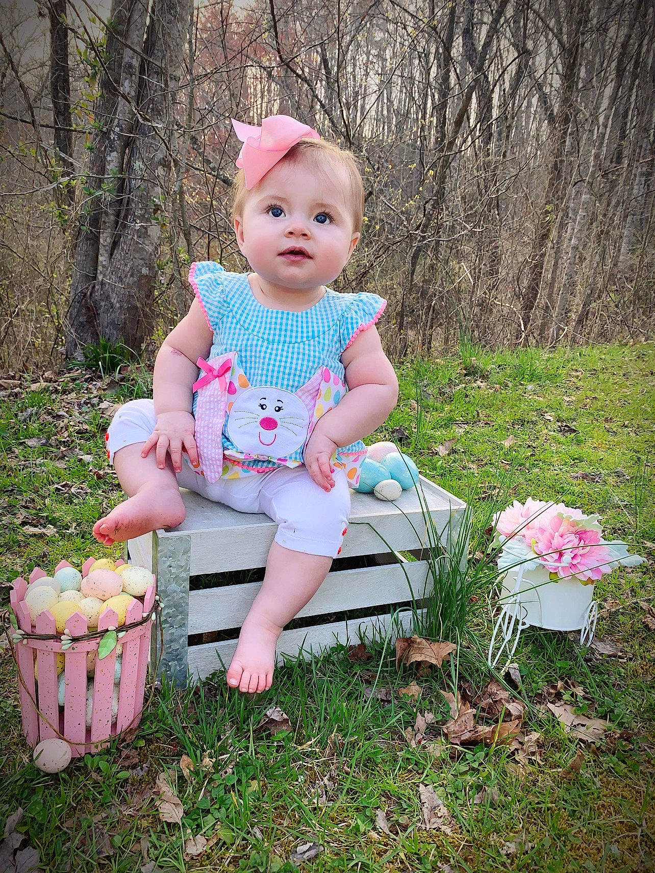 Macy Lacole Miracle joined the competition — help win amazing prizes! baby, baby_toddler_clothing, chair, child, flower, fun, grass, happy, lawn, leisure, pattern, people_in_nature, person, pink, plant, play, recreation, sitting, spring, summer