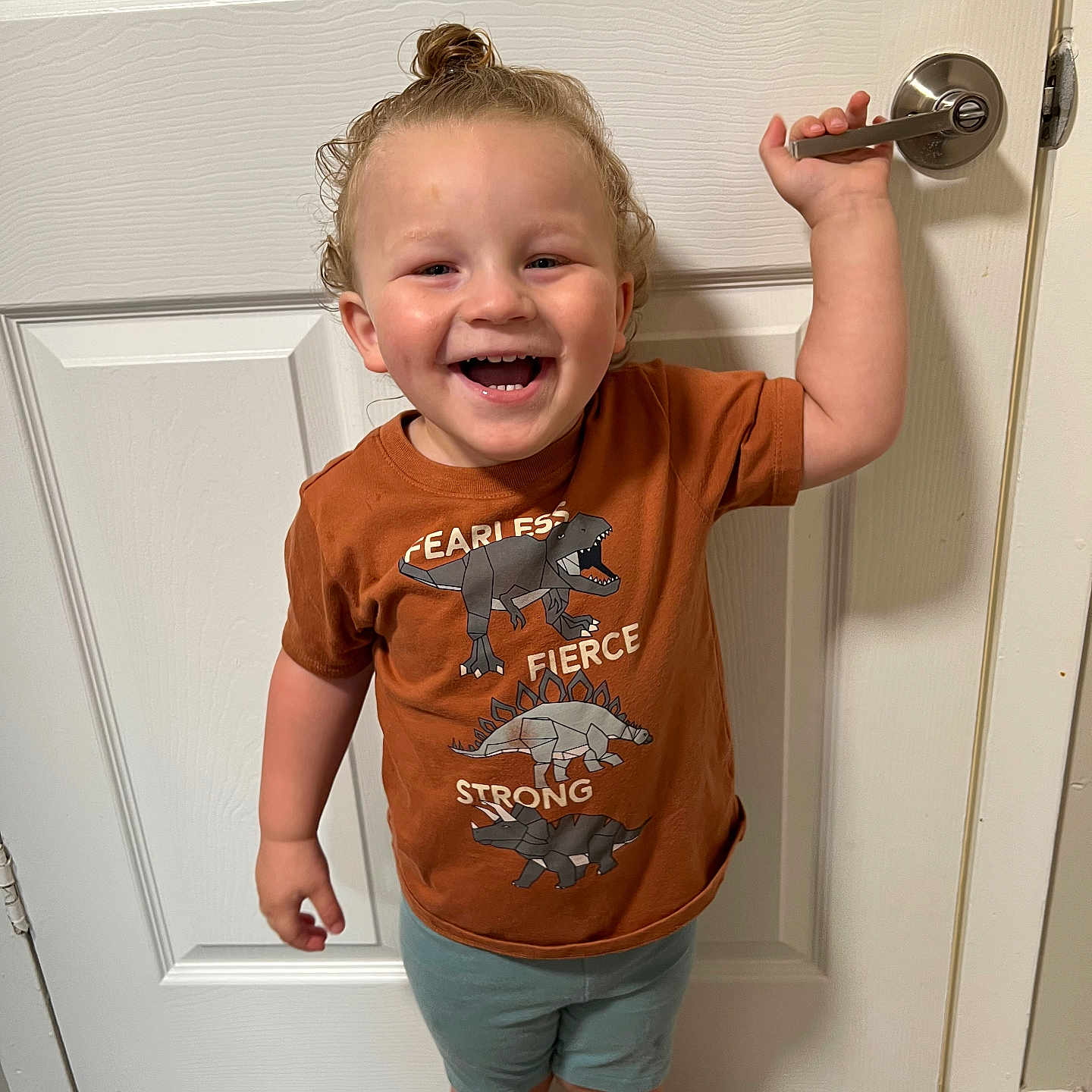 Zaylen is registered to the contest to win money with this photo: bright_lighting, casual_clothing, child, curly_hair, cute, dinosaur_shirt, door, door_handle, front_view, happy, indoor, person, playful, shorts, smiling, sneakers, standing, toddler, wooden_floor, young_child
