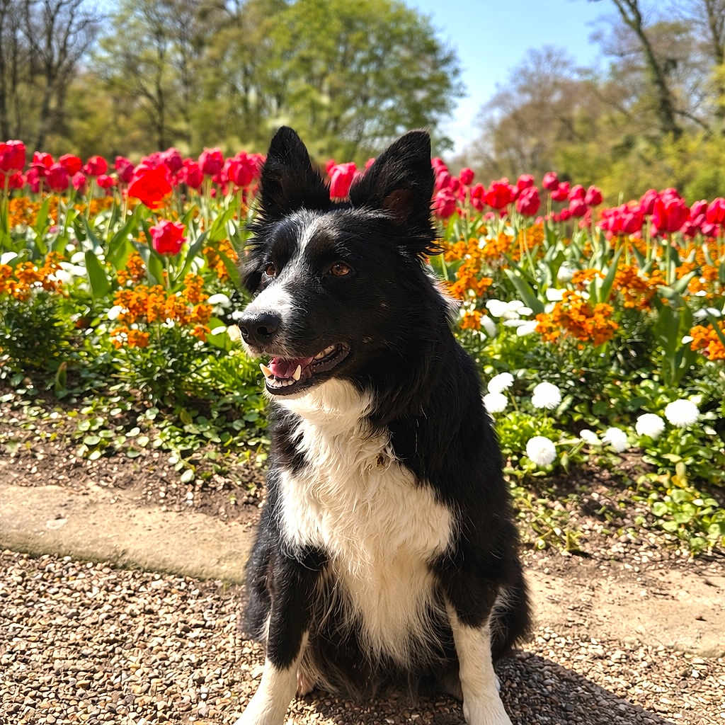 Saïkaat a rejoint le concours — aidez-le/la à gagner de superbes lots ! dog, border_collie, flower_bed, red_flowers, orange_flowers, white_flowers, gravel_path, outdoor, sunny, daylight, nature, greenery, trees, happy_dog, pet, animal, spring, park, sitting, canine