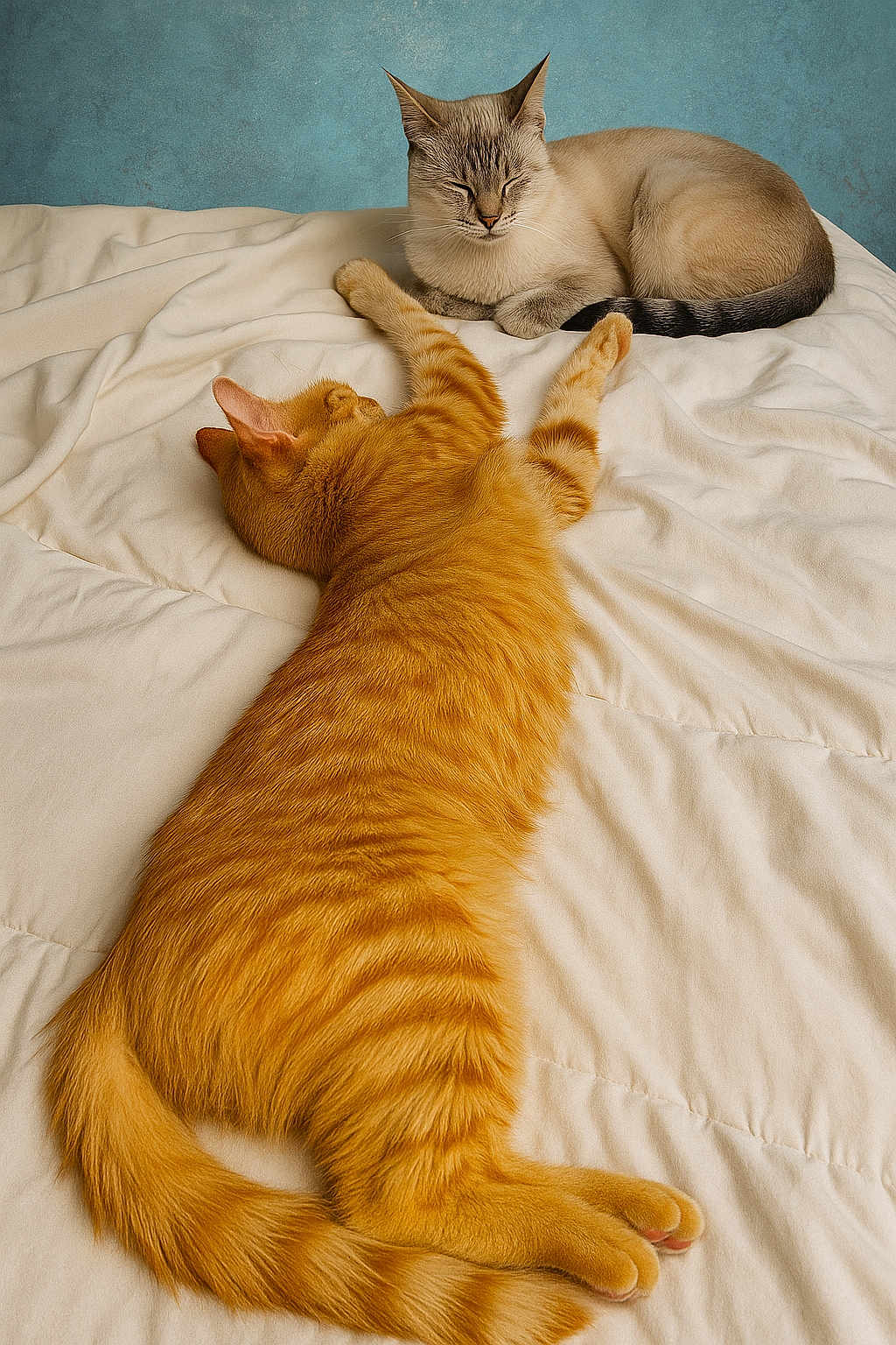 Muse Et Fisher a rejoint le concours — aidez-le/la à gagner de superbes lots ! cat, cats, ginger_cat, cream_cat, pet, feline, animal, sleeping, resting, stretching, bed, blanket, indoor, cozy, fur, whiskers, tail, ears, cute, relaxed
