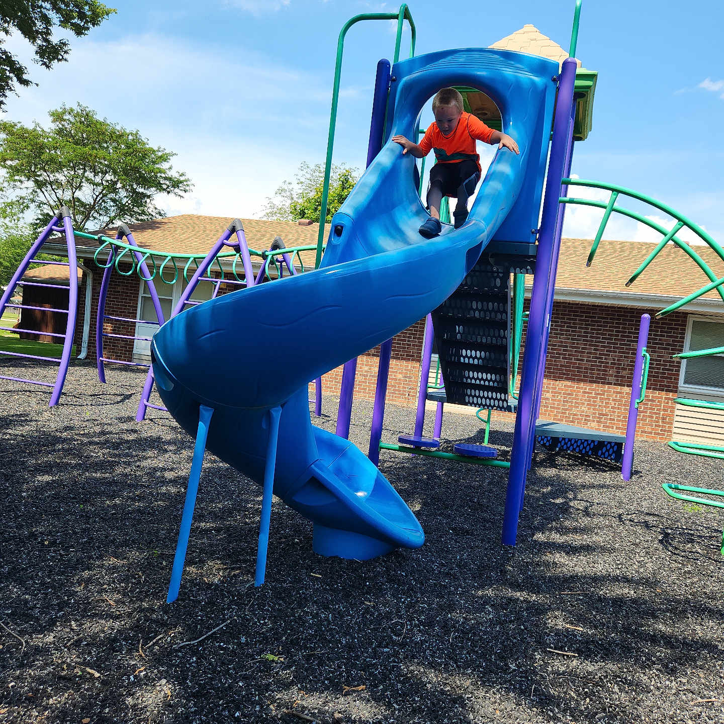 Jeremiah Bates is registered to the contest to win money with this photo: child, playground, slide, sliding, outdoor, sunny, blue_slide, orange_shirt, playground_equipment, climbing_bars, swings, trees, sky, clouds, brick_building, rubber_mulch, recreation, summer, portrait, fun