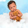 baby, teddy_bear, clouds, blue_sky, stars, child, portrait, cute, soft_texture, toy, innocence, curly_hair, studio_photo, background, holding, sitting, expression, fluffy, cuddly, whimsical