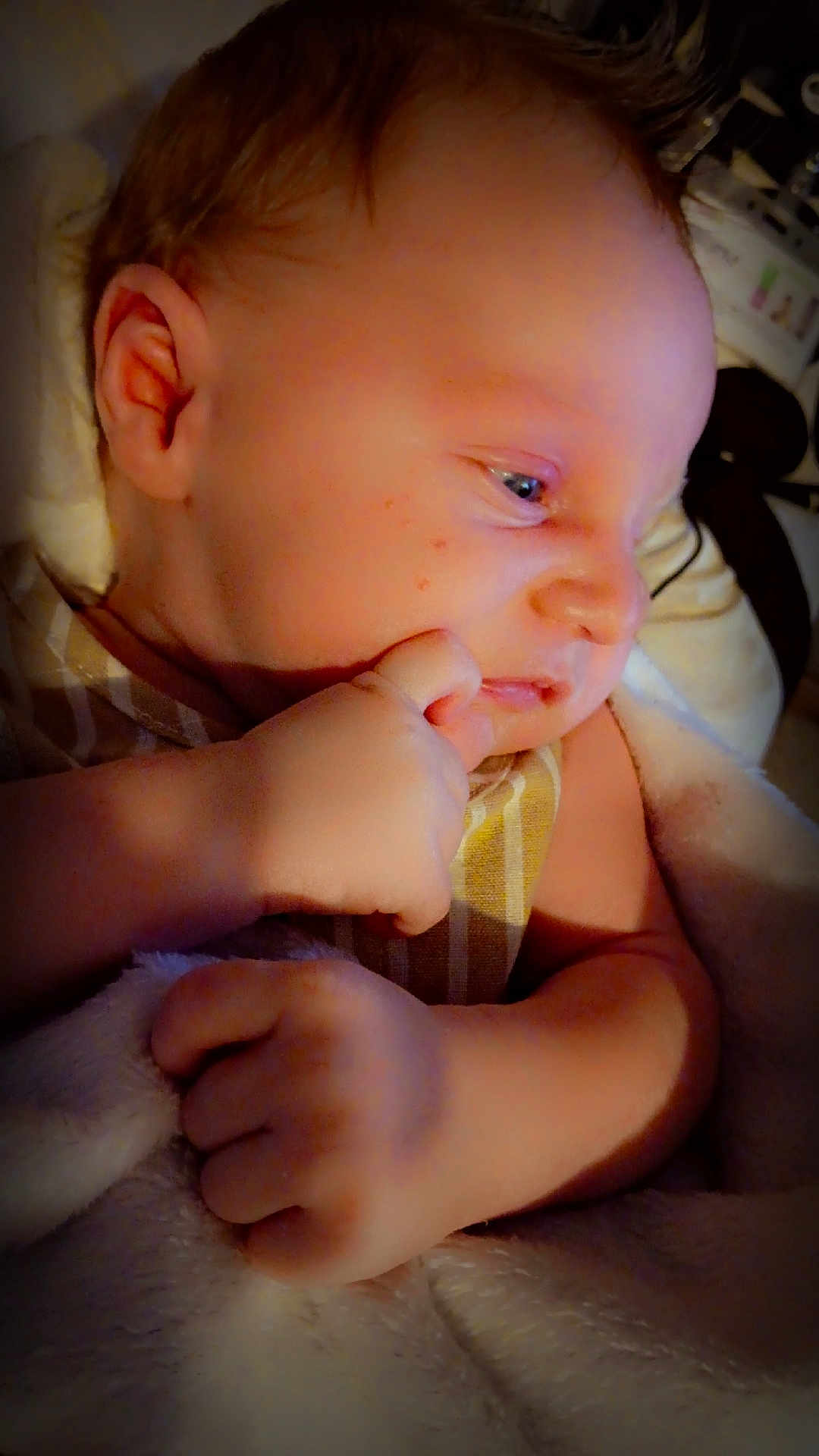 David joined the competition — help win amazing prizes! baby, infant, face, hand, blanket, skin, soft, sleepy, closeup, portrait, newborn, cute, child, indoors, warm_light, expression, resting, peaceful, young, wrapped