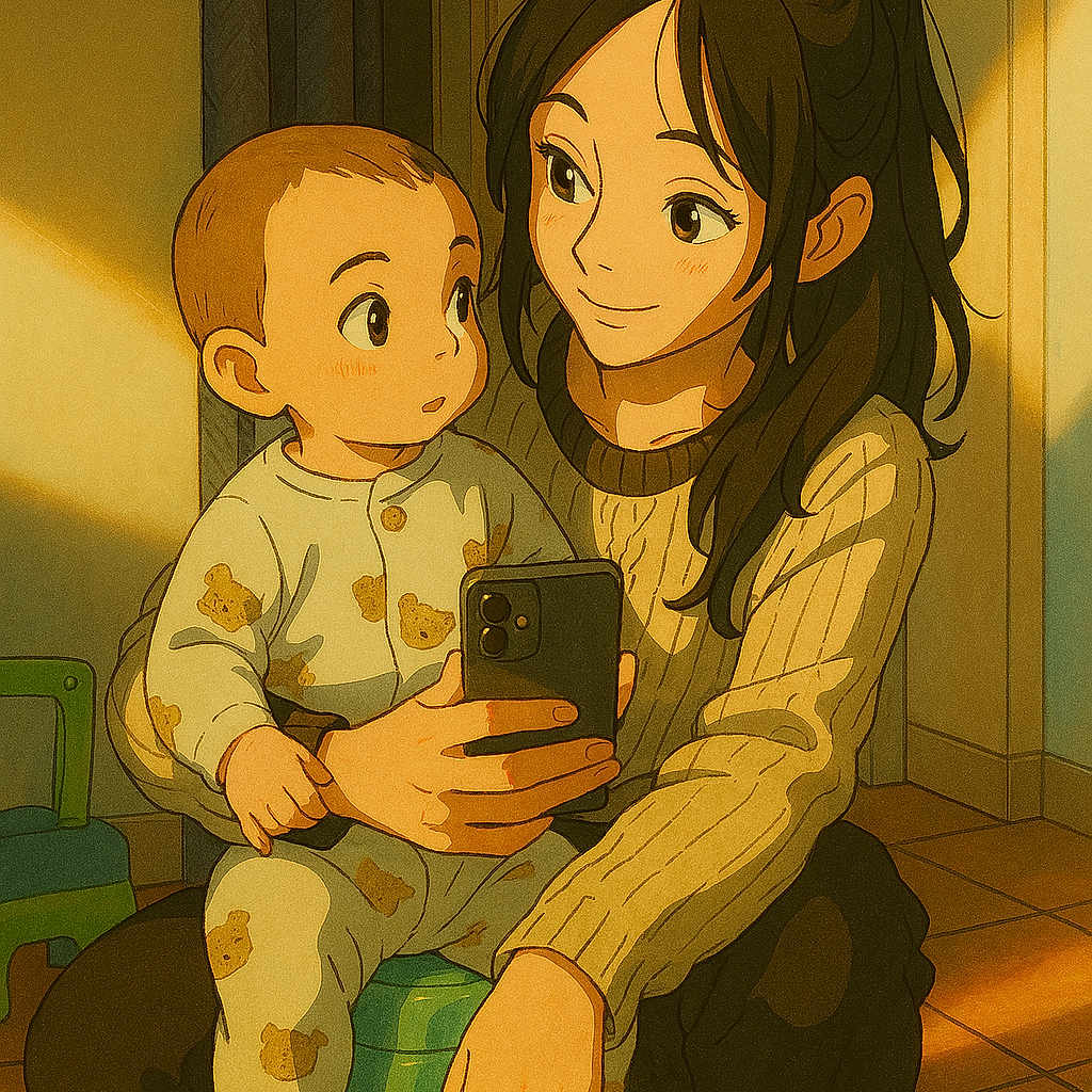 Osian participe au concours pour gagner de l'argent avec cette photo : animated, baby, bear_pattern, child, couch, cozy, digital_art, female, floor, indoor, long_hair, pajamas, person, phone, portrait, sitting, smile, stool, woman, yellow_light