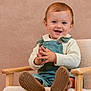 Milo participe au concours pour gagner de l'argent avec cette photo : toddler, child, smiling, blue_eyes, overalls, sweater, clapping, chair, wooden_chair, footwear, brown_shoes, happy, portrait, indoor, baby, seated, cute, hands, expression, background